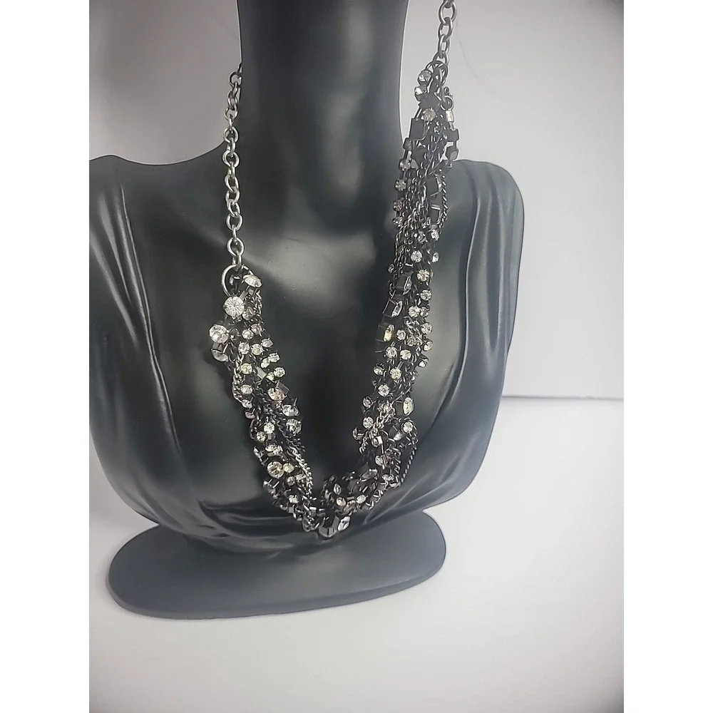 Vintage Silver Black Chain Crystals White Twisted Statement Jewelry Costume